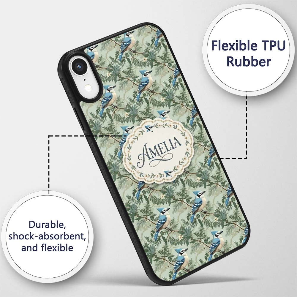 Blue Jay Bird Green Leaf Branch Natural Woodland Custom Name Protective Phone Case Mobile Cover Durable Everyday Smartphone Shock Resistant