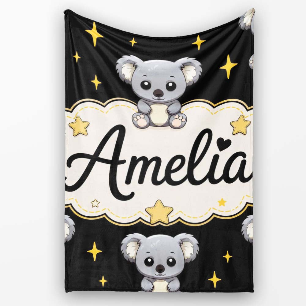 Cute Koala Bears with Stars Black Background Seamless Pattern Lovely  Personalised Custom Name Super Soft Fleece Blanket Bed Sofa Throw