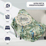 Blue Jay Bird Green Leaf Branch Natural Woodland Botanical Design  Personalised Custom Name Super Soft Fleece Blanket Bed Sofa Throw