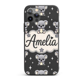 Cute Koala Bears with Stars Dark Grey Background Custom Name Protective Phone Case Mobile Cover Durable Everyday Smartphone Shock Resistant