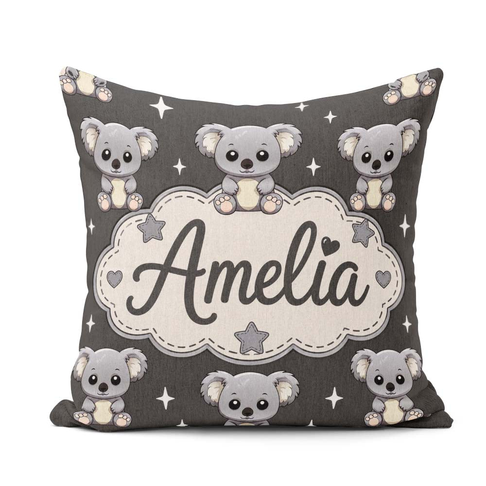 Custom Name Koala Bears with Stars Dark Grey Background Seamless Square Filled Cushion Throw Pillow Sofa Bed Home Decor Zip Washable UK Made