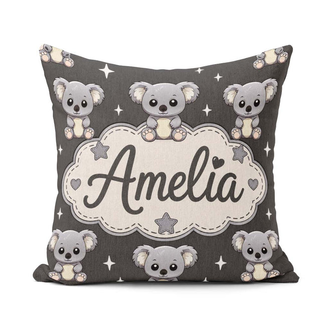 Custom Name Koala Bears with Stars Dark Grey Background Seamless Square Filled Cushion Throw Pillow Sofa Bed Home Decor Zip Washable UK Made
