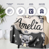 Cute Koala Bears with Stars Dark Grey Background Seamless Pattern  Personalised Custom Name Super Soft Fleece Blanket Bed Sofa Throw