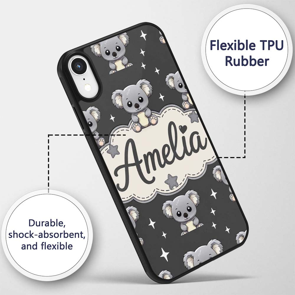 Cute Koala Bears with Stars Dark Grey Background Custom Name Protective Phone Case Mobile Cover Durable Everyday Smartphone Shock Resistant