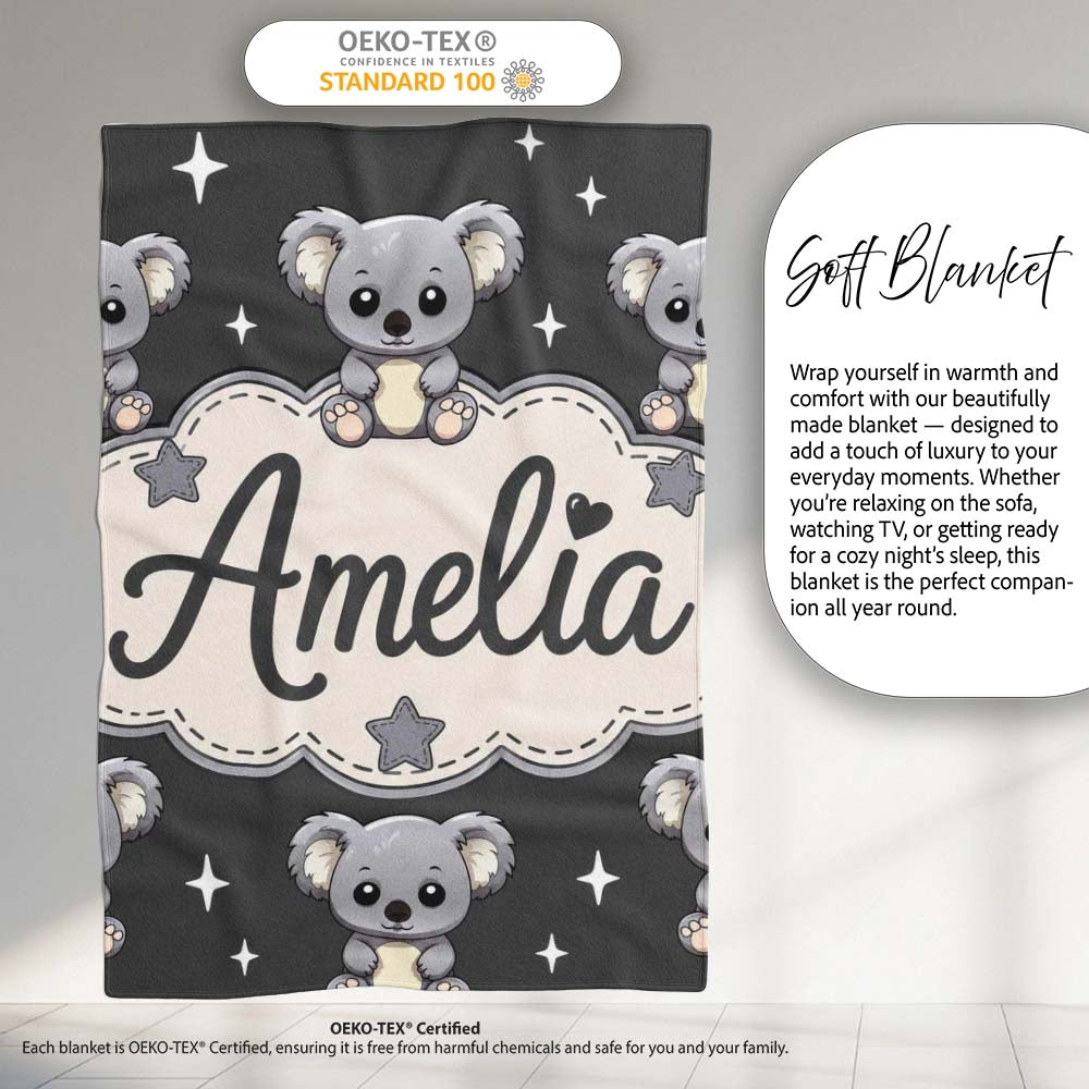 Cute Koala Bears with Stars Dark Grey Background Seamless Pattern  Personalised Custom Name Super Soft Fleece Blanket Bed Sofa Throw