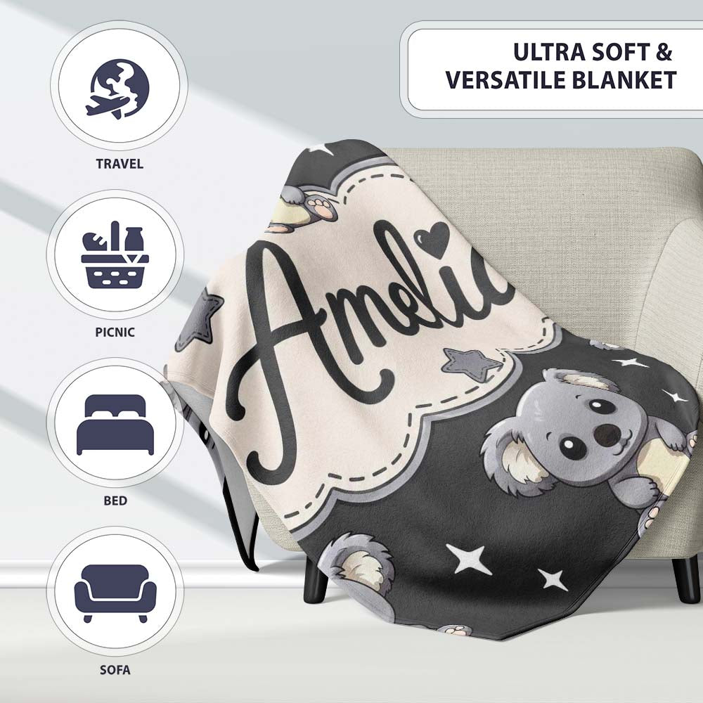 Cute Koala Bears with Stars Dark Grey Background Seamless Pattern  Personalised Custom Name Super Soft Fleece Blanket Bed Sofa Throw