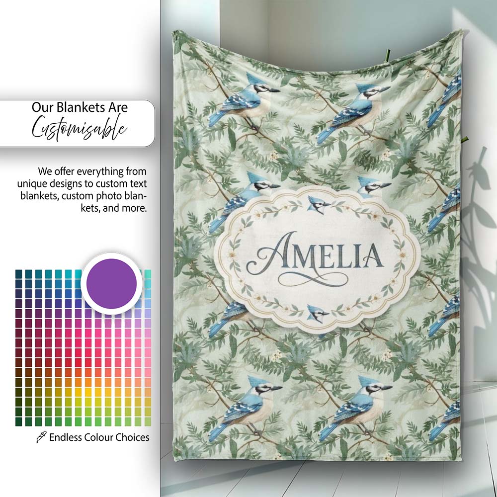Blue Jay Bird Green Leaf Branch Natural Woodland Botanical Design  Personalised Custom Name Super Soft Fleece Blanket Bed Sofa Throw