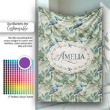 Blue Jay Bird Green Leaf Branch Natural Woodland Botanical Design  Personalised Custom Name Super Soft Fleece Blanket Bed Sofa Throw
