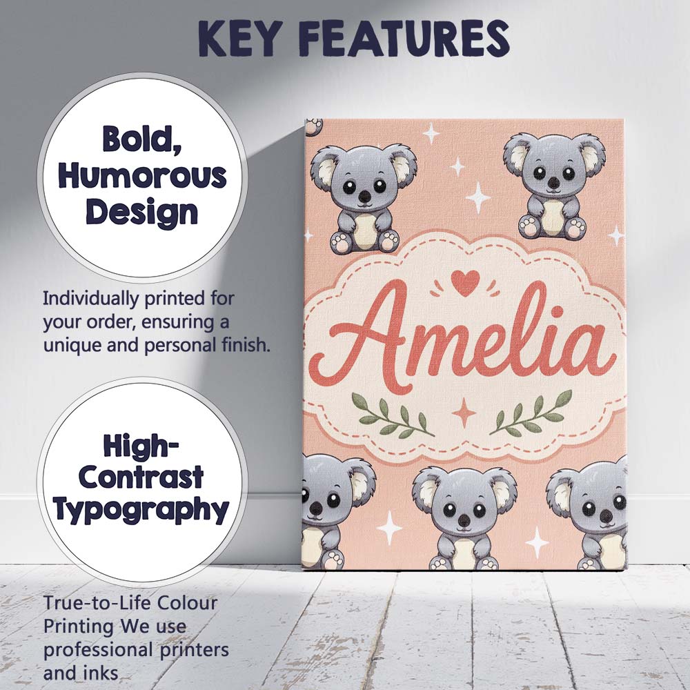 Personalised Name Cute Koala Bears with Custom  Modern Room Accent Elegant Feature Canvas Wall Art Print Decor Picture Ready to Hang