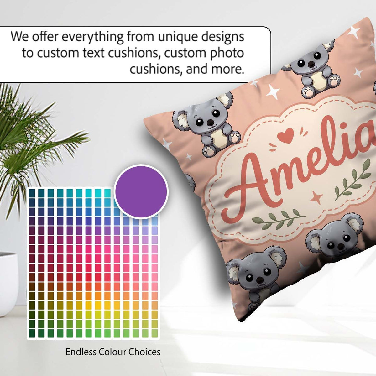 Custom Name Cute Koala Bears with Stars Peach Background Pattern Square Filled Cushion Throw Pillow Sofa Bed Home Decor Zip Washable UK Made