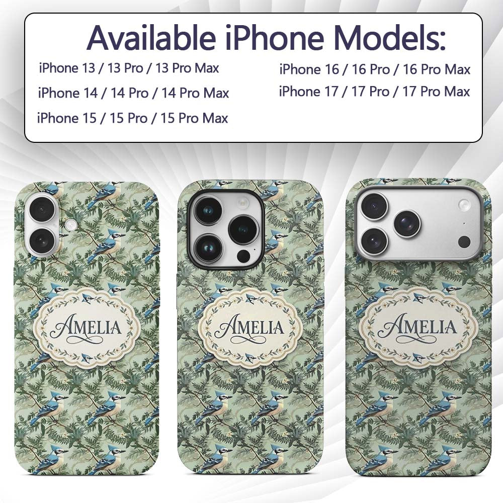 Blue Jay Bird Green Leaf Branch Natural Woodland Custom Name Protective Phone Case Mobile Cover Durable Everyday Smartphone Shock Resistant