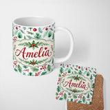 Custom Name Watercolor Pine Branches Red Berries Christmas Foliage Seamless 11oz Ceramic Coffee Tea Mug White Large Handle