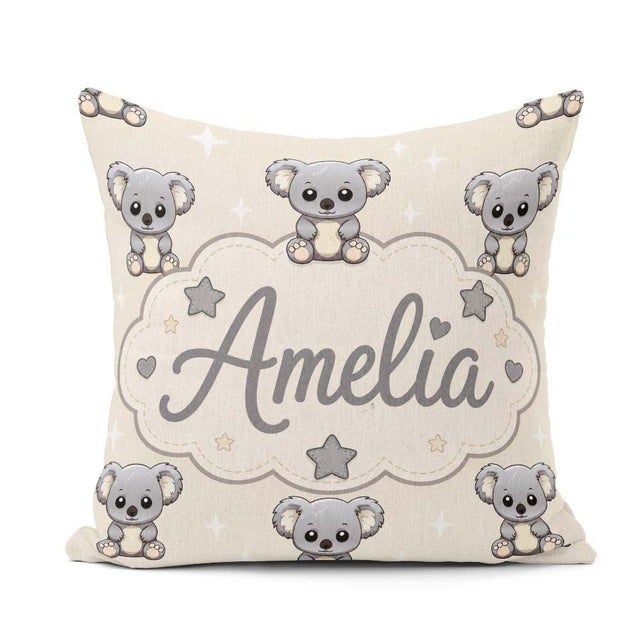 Custom Name Cute Koala Bears with Stars Beige Background Pattern Square Filled Cushion Throw Pillow Sofa Bed Home Decor Zip Washable UK Made