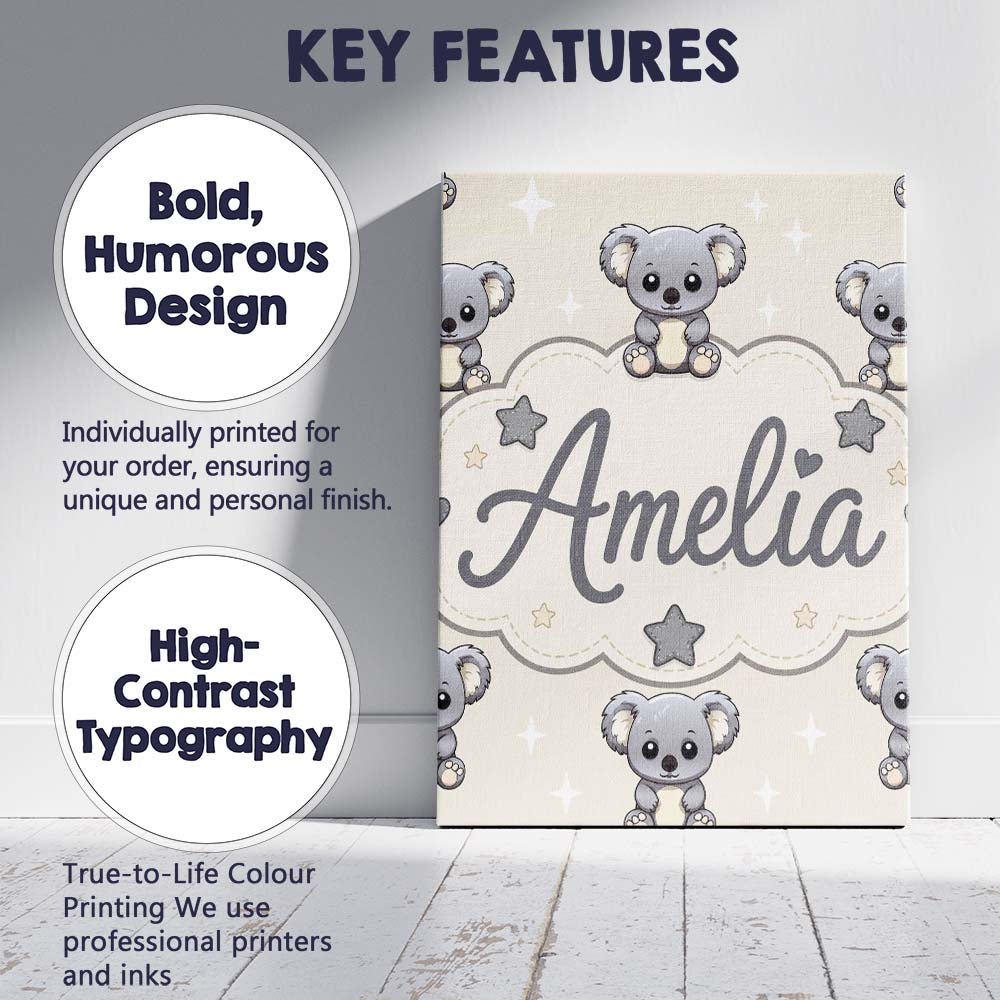 Personalised Name Cute Koala Bears with Custom  Modern Room Accent Elegant Feature Canvas Wall Art Print Decor Picture Ready to Hang