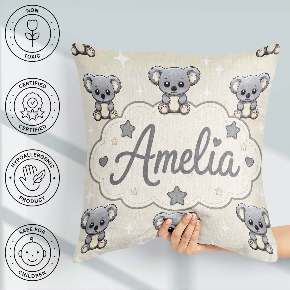 Custom Name Cute Koala Bears with Stars Beige Background Pattern Square Filled Cushion Throw Pillow Sofa Bed Home Decor Zip Washable UK Made