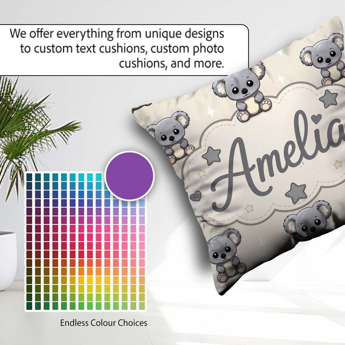Custom Name Cute Koala Bears with Stars Beige Background Pattern Square Filled Cushion Throw Pillow Sofa Bed Home Decor Zip Washable UK Made
