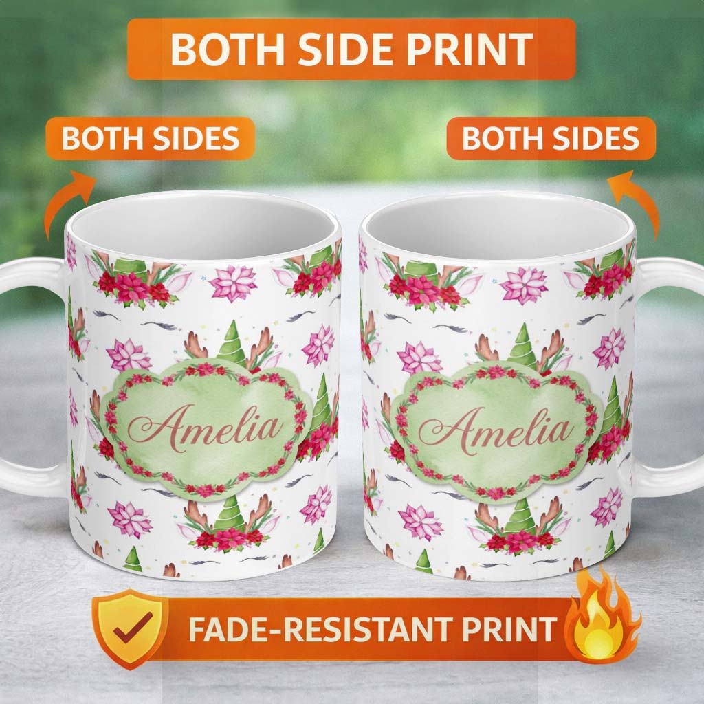 Personalized Custom Name Cute Unicorn Christmas Poinsettia Floral Fantasy Seamless Pattern 11oz Ceramic Coffee Tea Mug White Large Handle