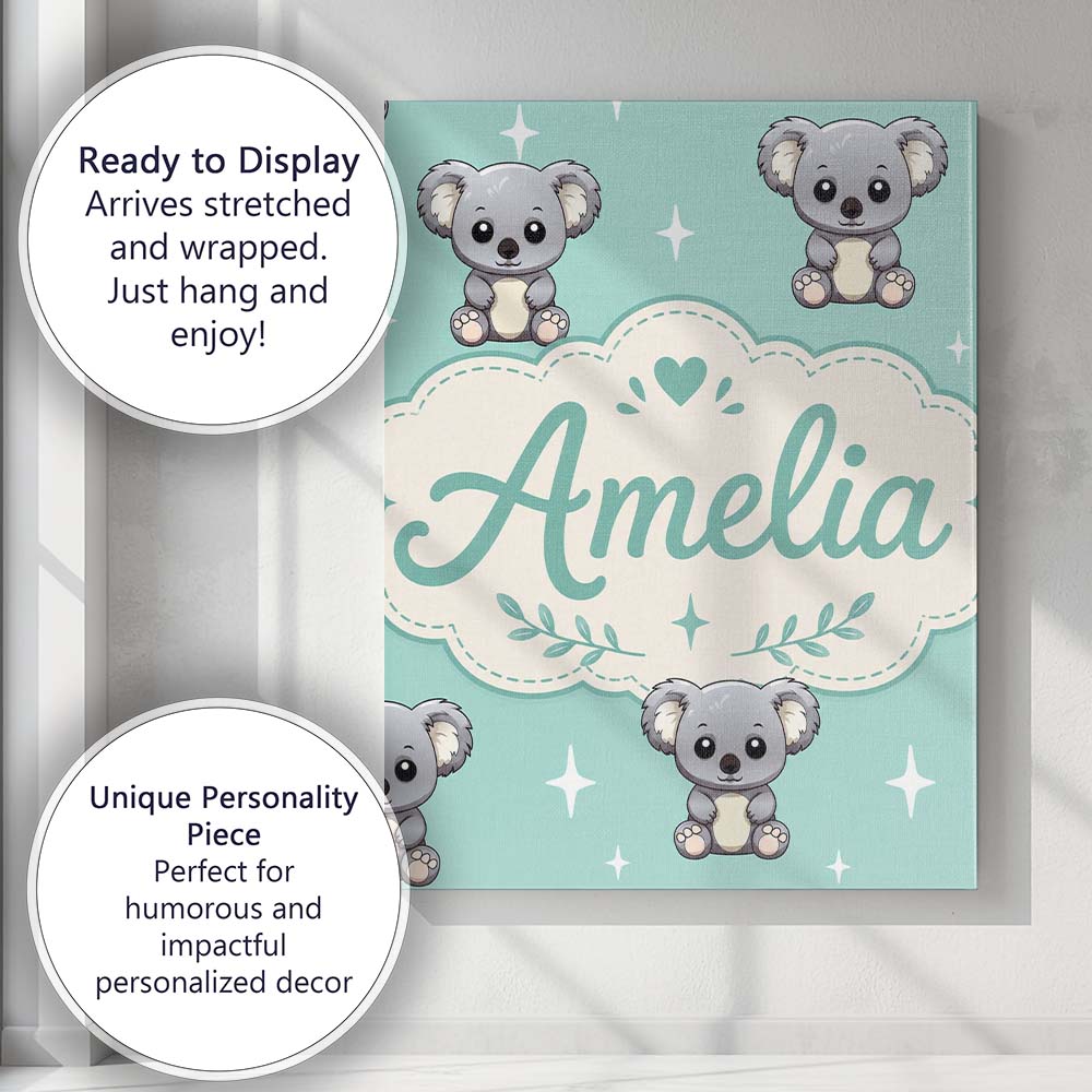 Personalised Name Cute Koala Bears with Custom  Modern Room Accent Elegant Feature Canvas Wall Art Print Decor Picture Ready to Hang