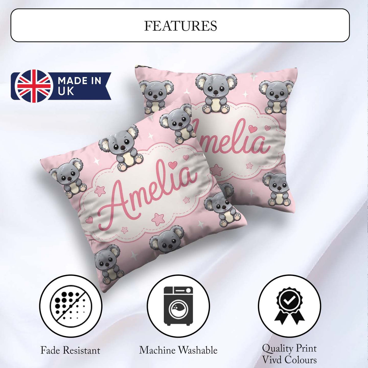 Custom Name Koala Bears with Stars Soft Pink Background Seamless Square Filled Cushion Throw Pillow Sofa Bed Home Decor Zip Washable UK Made