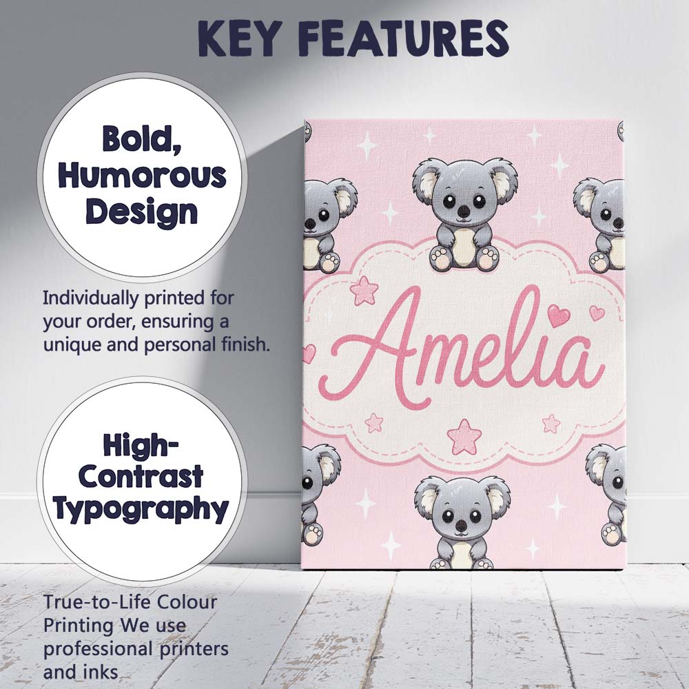 Personalised Name Cute Koala Bears with Custom  Modern Room Accent Elegant Feature Canvas Wall Art Print Decor Picture Ready to Hang
