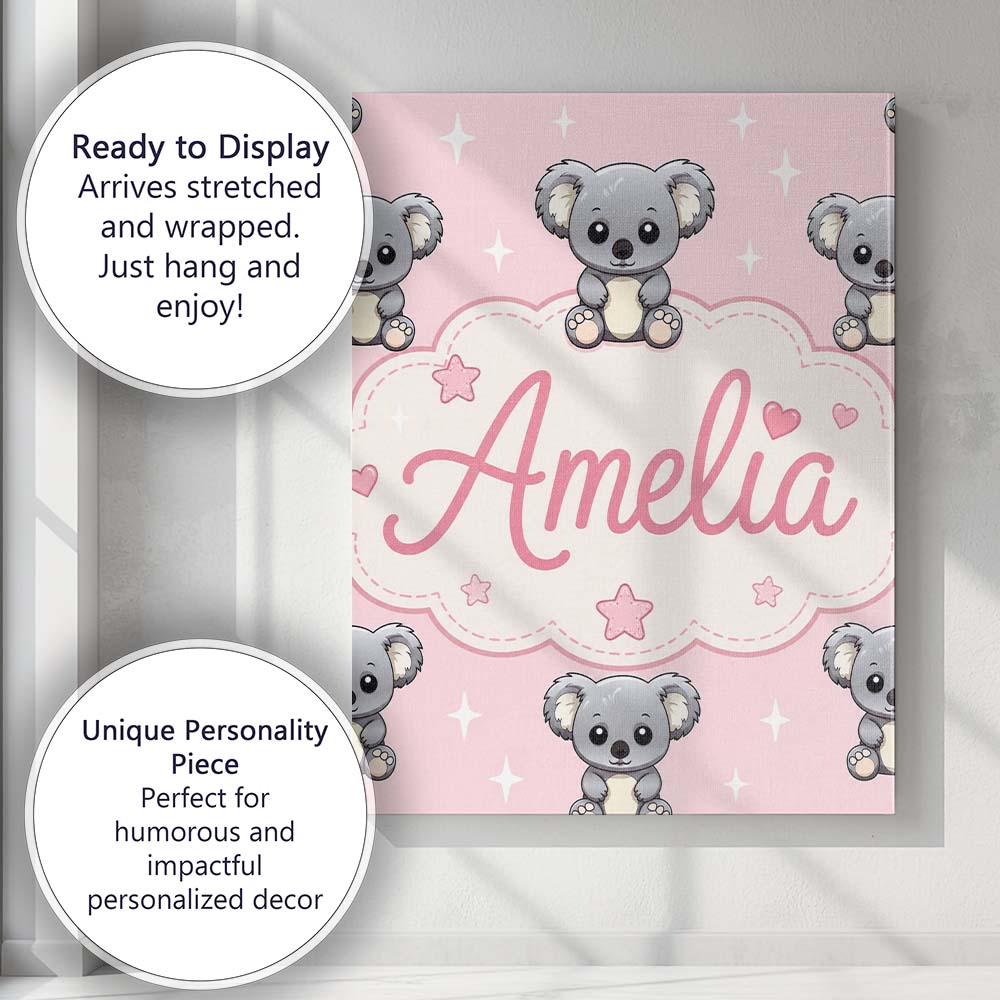 Personalised Name Cute Koala Bears with Custom  Modern Room Accent Elegant Feature Canvas Wall Art Print Decor Picture Ready to Hang