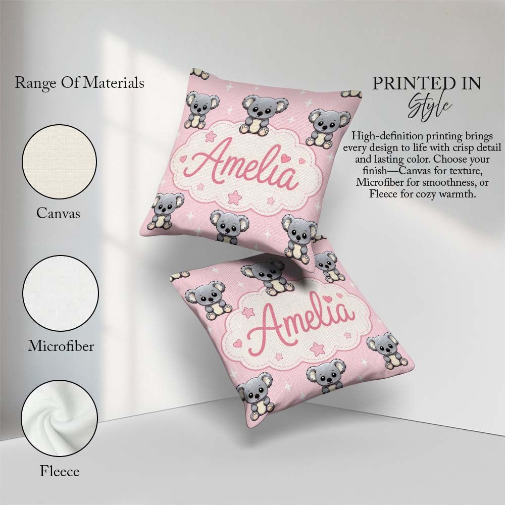 Custom Name Koala Bears with Stars Soft Pink Background Seamless Square Filled Cushion Throw Pillow Sofa Bed Home Decor Zip Washable UK Made