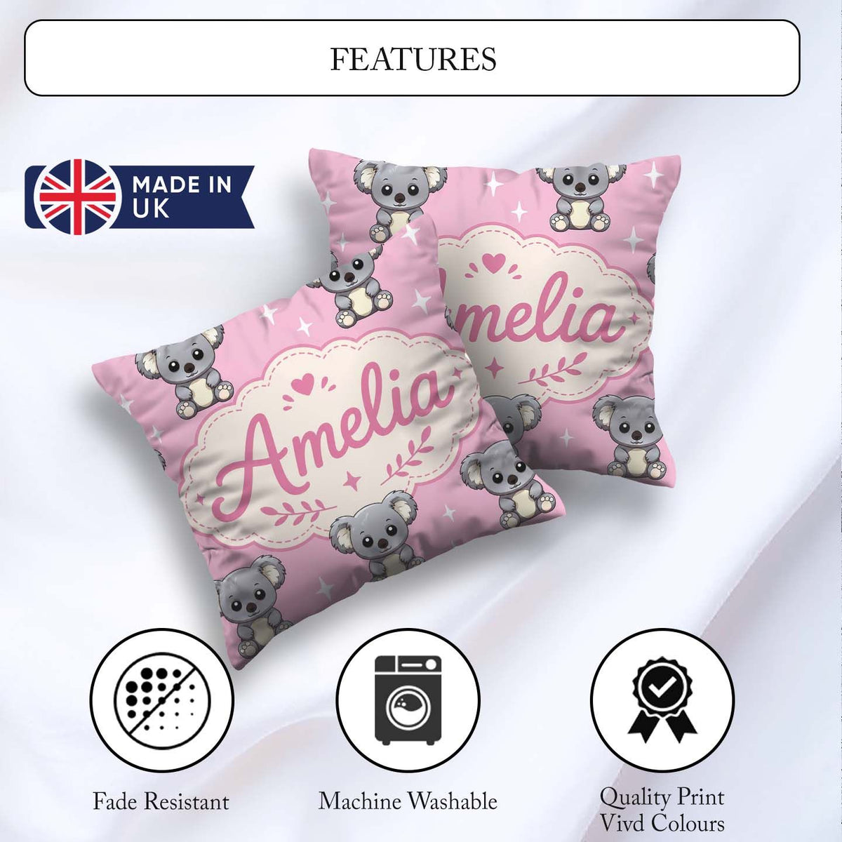 Custom Name Koala Bears with Stars Rose Pink Background Seamless Square Filled Cushion Throw Pillow Sofa Bed Home Decor Zip Washable UK Made