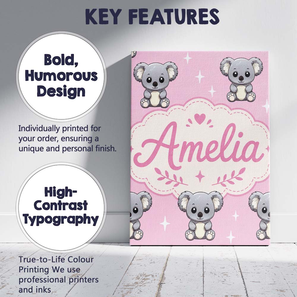 Personalised Name Cute Koala Bears with Custom  Modern Room Accent Elegant Feature Canvas Wall Art Print Decor Picture Ready to Hang