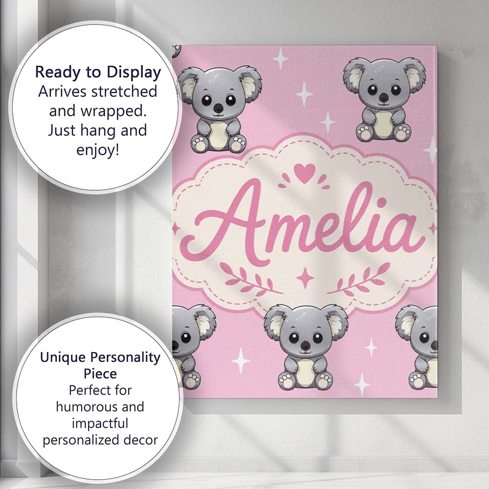 Personalised Name Cute Koala Bears with Custom  Modern Room Accent Elegant Feature Canvas Wall Art Print Decor Picture Ready to Hang