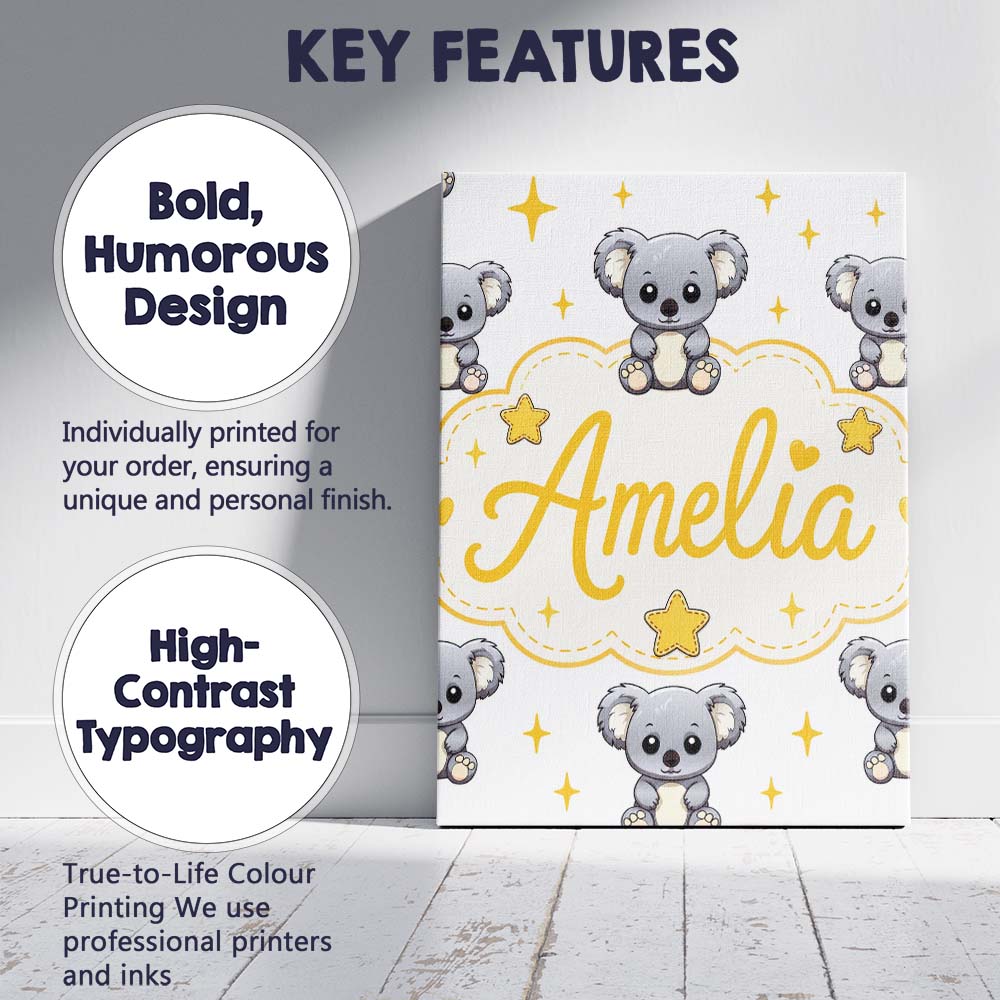 Personalised Name Cute Koala Bears with Custom  Modern Room Accent Elegant Feature Canvas Wall Art Print Decor Picture Ready to Hang
