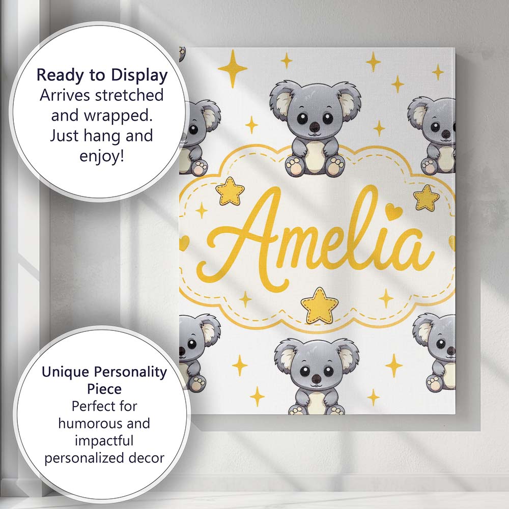 Personalised Name Cute Koala Bears with Custom  Modern Room Accent Elegant Feature Canvas Wall Art Print Decor Picture Ready to Hang