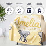 Cute Koala Bears with Stars Yellow Background Seamless Pattern  Personalised Custom Name Super Soft Fleece Blanket Bed Sofa Throw