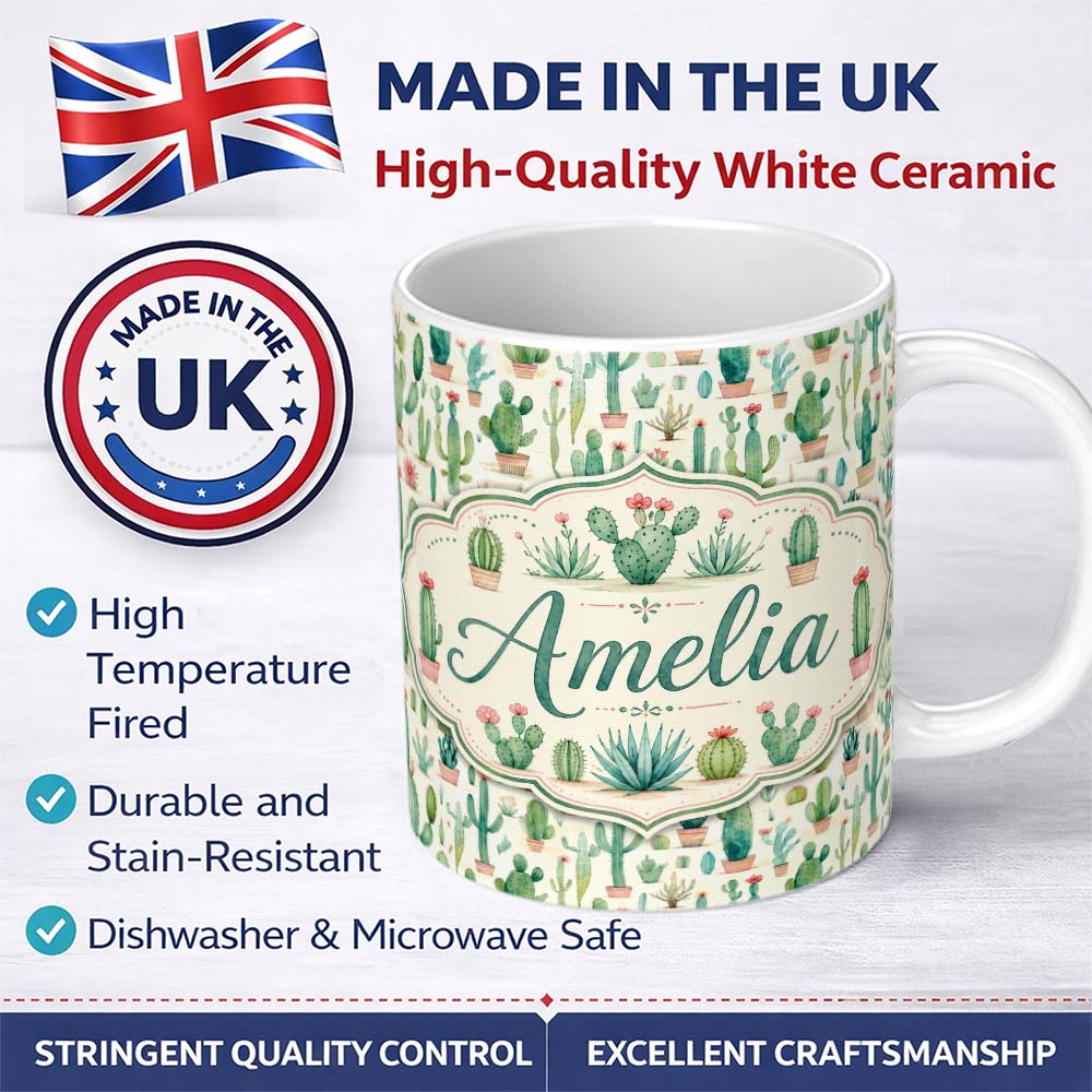 Personalized Custom Name Cute Potted Cactus Succulent Collection Pastel Seamless Pattern 11oz Ceramic Coffee Tea Mug White Large Handle
