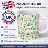 Personalized Custom Name Cute Potted Cactus Succulent Collection Pastel Seamless Pattern 11oz Ceramic Coffee Tea Mug White Large Handle