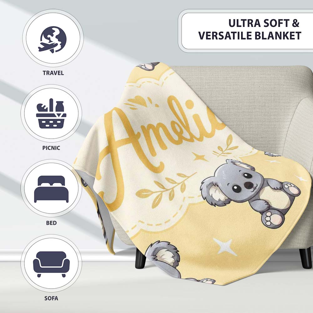 Cute Koala Bears with Stars Yellow Background Seamless Pattern  Personalised Custom Name Super Soft Fleece Blanket Bed Sofa Throw