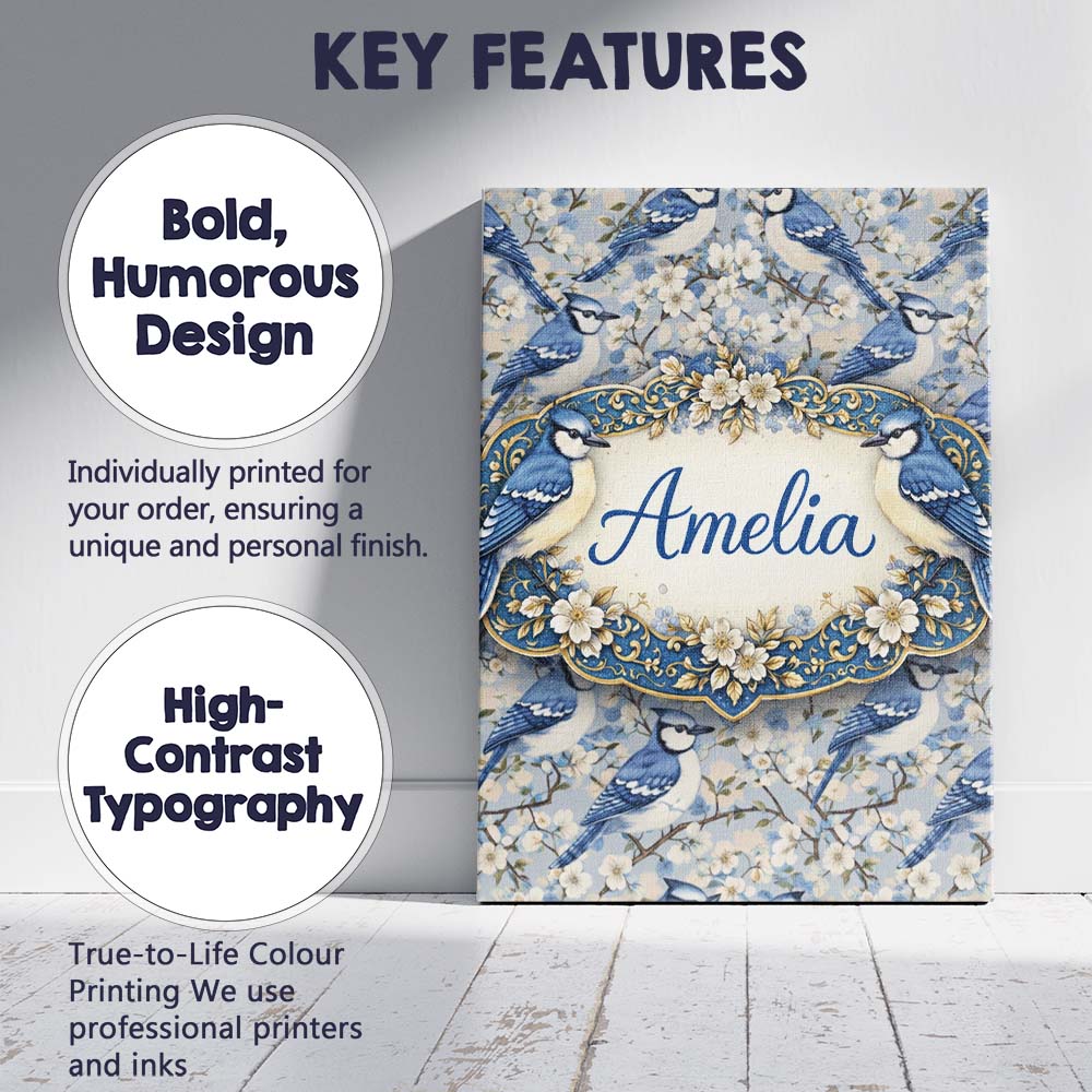 Personalised Name Blue Jay Bird Blossom Floral Seamless Pattern Soft Custom  Home Canvas Wall Art Print Decor Picture Ready to Hang