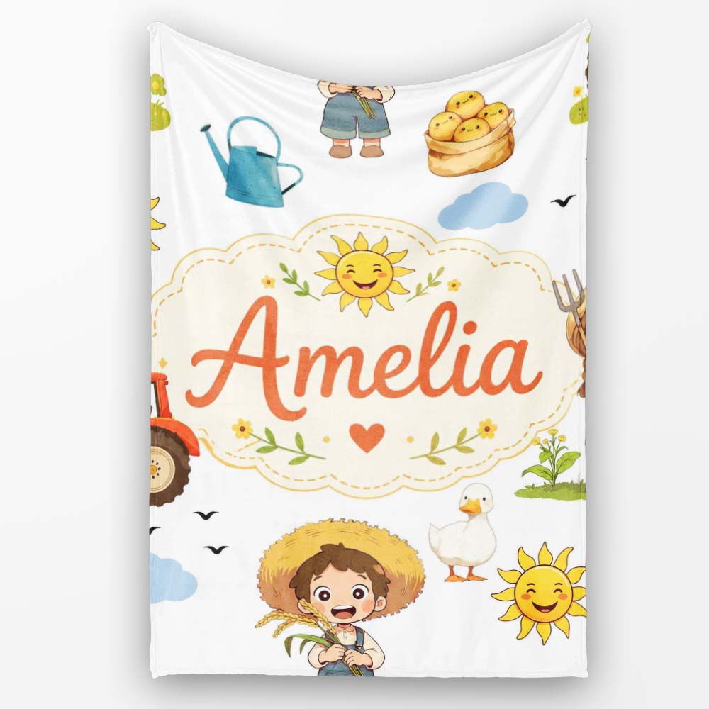 Cute Farm Tractor Duck Girl with Clouds White Background Seamless  Personalised Custom Name Super Soft Fleece Blanket Bed Sofa Throw