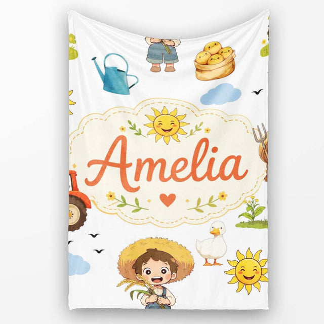 Cute Farm Tractor Duck Girl with Clouds White Background Seamless  Personalised Custom Name Super Soft Fleece Blanket Bed Sofa Throw