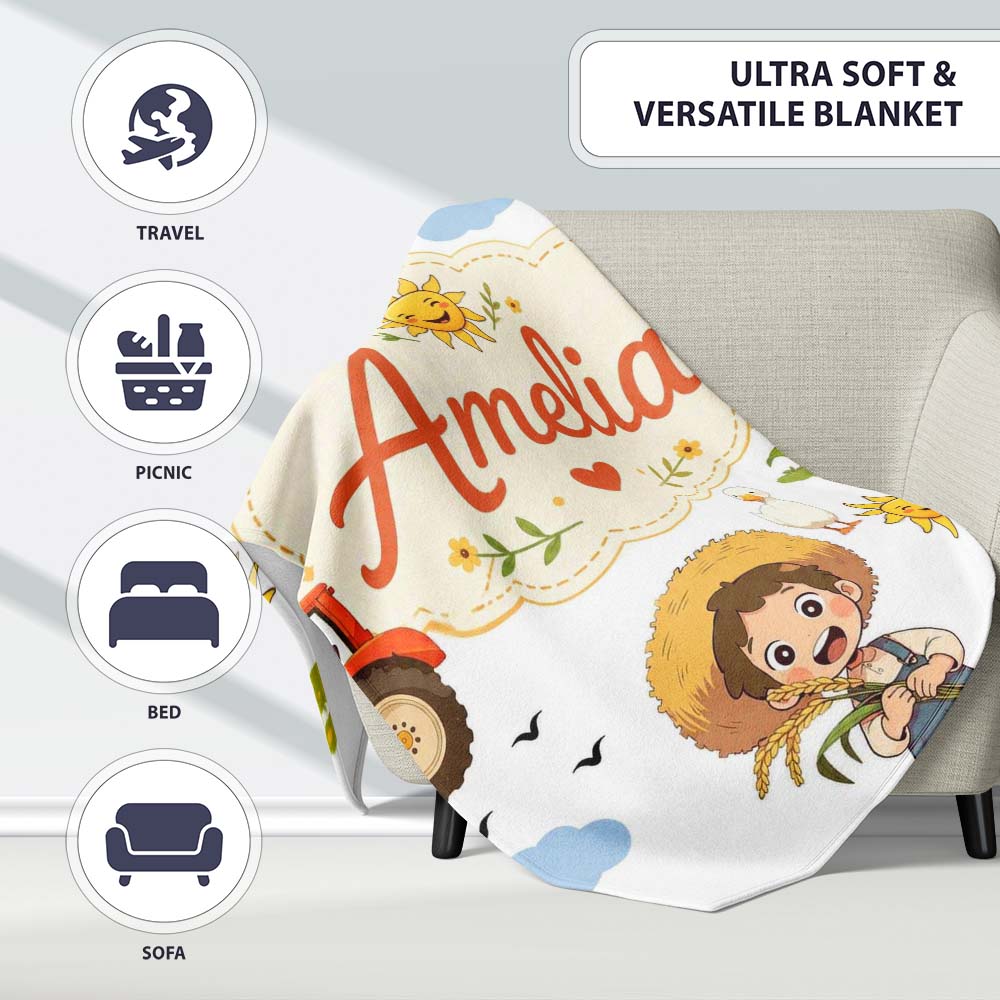 Cute Farm Tractor Duck Girl with Clouds White Background Seamless  Personalised Custom Name Super Soft Fleece Blanket Bed Sofa Throw