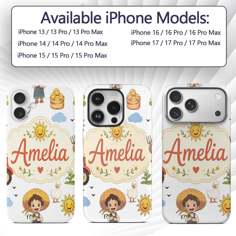 Cute Farm Tractor Duck Girl with Clouds White Custom Name Protective Phone Case Mobile Cover Durable Everyday Smartphone Shock Resistant