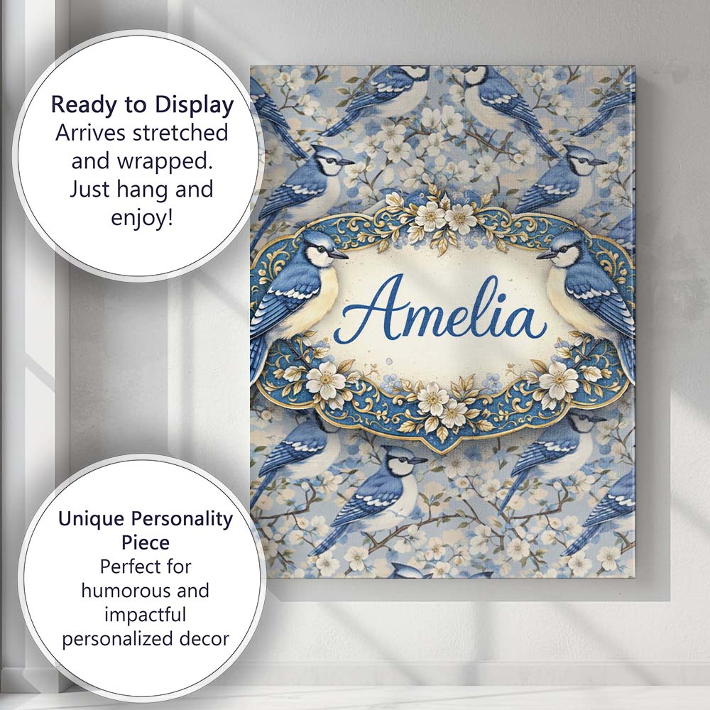Personalised Name Blue Jay Bird Blossom Floral Seamless Pattern Soft Custom  Home Canvas Wall Art Print Decor Picture Ready to Hang