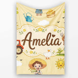Cute Farm Tractor Duck Girl with Clouds Beige Background Seamless  Personalised Custom Name Super Soft Fleece Blanket Bed Sofa Throw