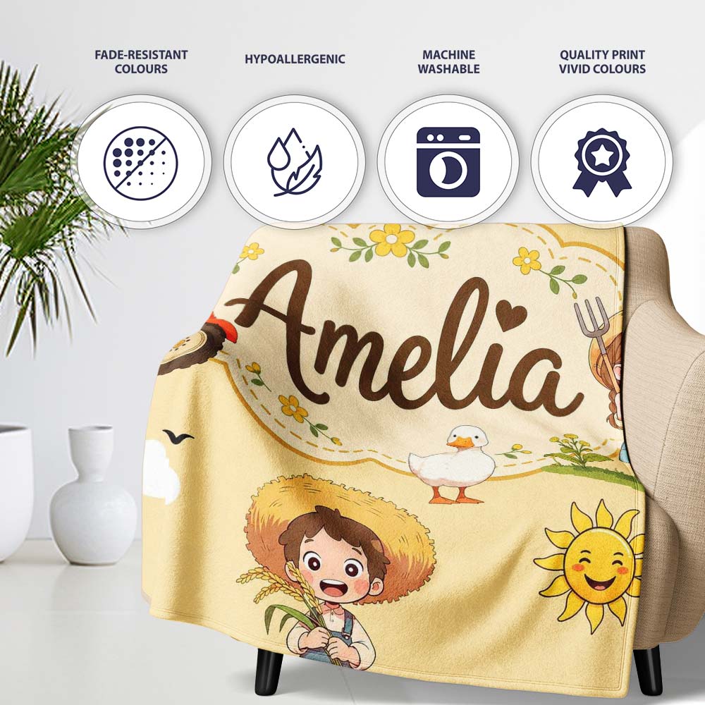 Cute Farm Tractor Duck Girl with Clouds Beige Background Seamless  Personalised Custom Name Super Soft Fleece Blanket Bed Sofa Throw