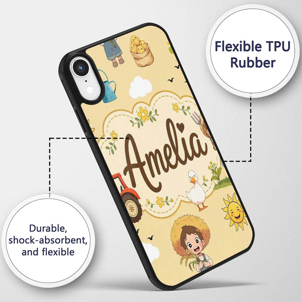 Cute Farm Tractor Duck Girl with Clouds Beige Custom Name Protective Phone Case Mobile Cover Durable Everyday Smartphone Shock Resistant