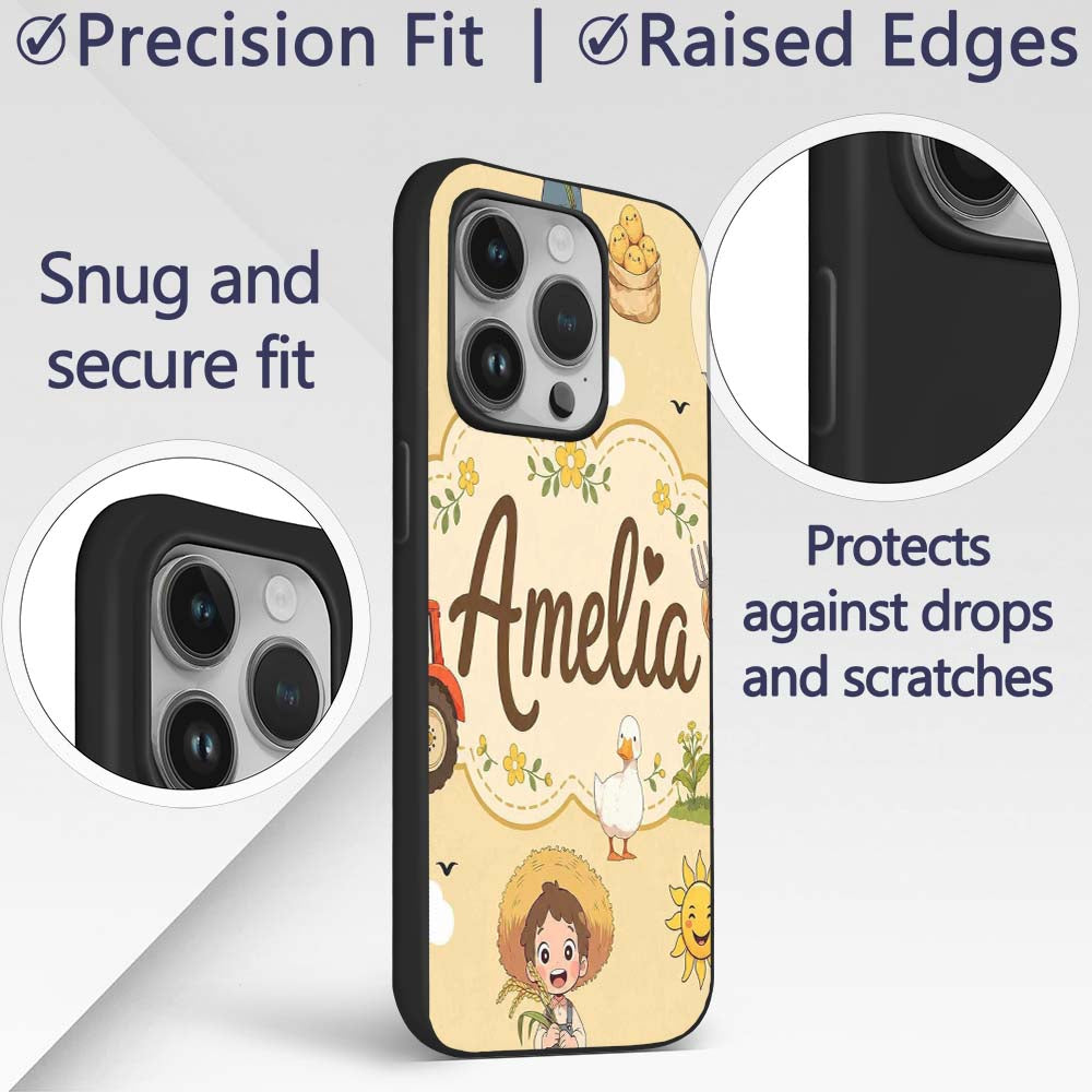 Cute Farm Tractor Duck Girl with Clouds Beige Custom Name Protective Phone Case Mobile Cover Durable Everyday Smartphone Shock Resistant