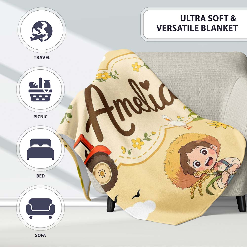 Cute Farm Tractor Duck Girl with Clouds Beige Background Seamless  Personalised Custom Name Super Soft Fleece Blanket Bed Sofa Throw
