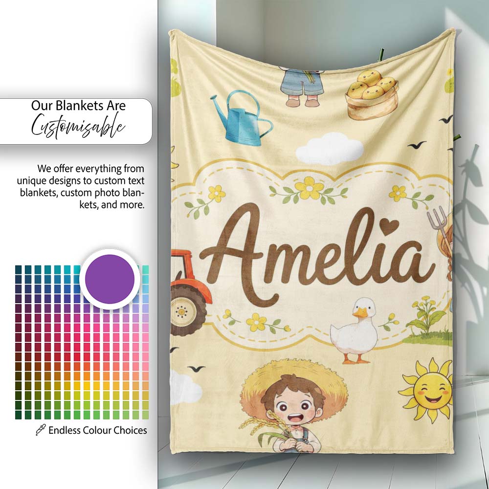 Cute Farm Tractor Duck Girl with Clouds Beige Background Seamless  Personalised Custom Name Super Soft Fleece Blanket Bed Sofa Throw