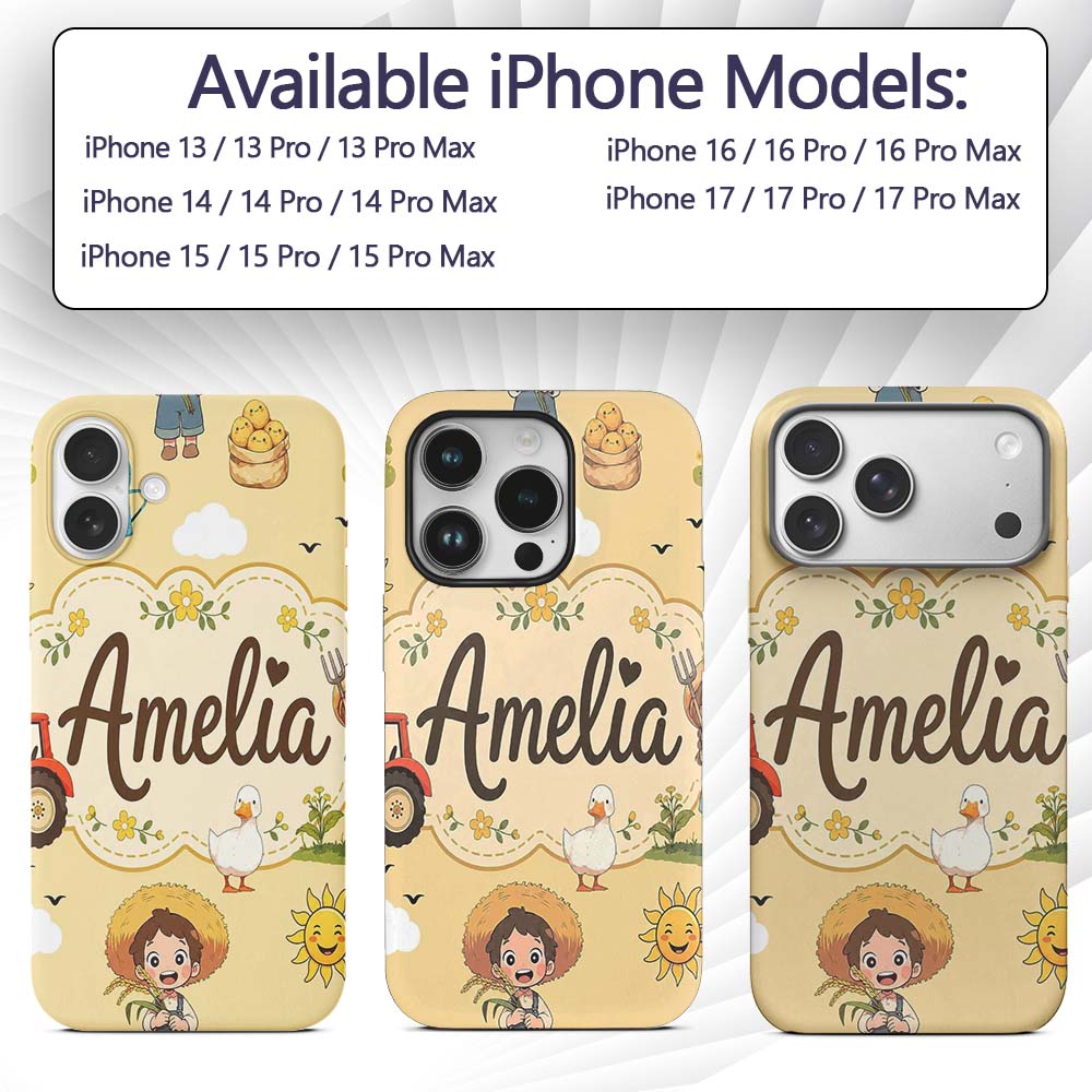 Cute Farm Tractor Duck Girl with Clouds Beige Custom Name Protective Phone Case Mobile Cover Durable Everyday Smartphone Shock Resistant