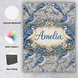Personalised Name Blue Jay Bird Blossom Floral Seamless Pattern Soft Custom  Home Canvas Wall Art Print Decor Picture Ready to Hang