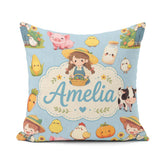 Custom Name Cute Farm Animals Girl Pig Cow Chicken Blue Seamless Square Filled Cushion Throw Pillow Sofa Bed Home Decor Zip Washable UK Made
